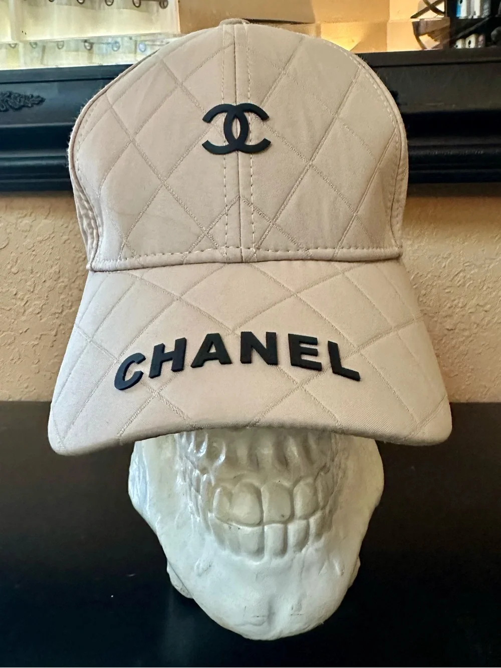 CC Beige Quilted Baseball Cap with Black Logo